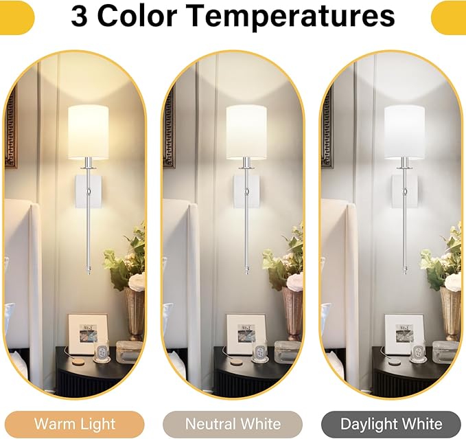 27 Inch Battery Operated Wall Sconces Set of 2 with Remote, Brushed Nickel Rechargeable Wireless Wall Lights with White Fabric Shade, Cordless Wall Lamps with Dimmable Detachable Bulbs for Bedroom