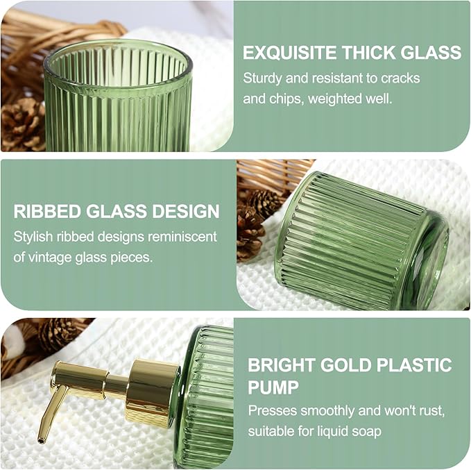 Green Glass Bathroom Accessories 4 Pcs, Green Bathroom Set, Soap Dispenser and Toothbrush Holder Set, Qtip Holder Set, Vintage Bathroom Sink Set, Cute Bathroom Decor