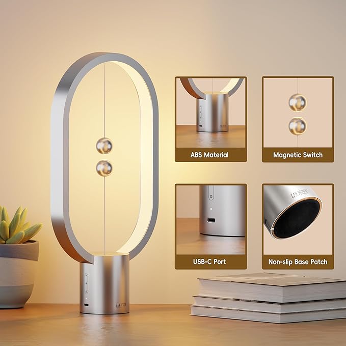 Table Lamp for Bedroom - Balance Lamp,Bedside Lamp with Touch Dimmer,Nightstand Lamp,3 Level Brightness Rechargered Night Light for Home,Office,College Dorm (Silver)