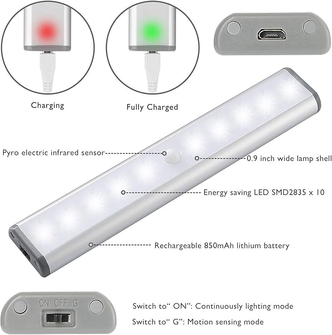 Stick On Cabinet Light,Under Counter Lighting, Motion Sensor, 10 LED Wireless USB Rechargeable Kitchen Battery Operated for Wardrobe,Closets,Cupboard,Warm White-2Pack