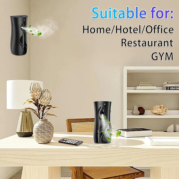 Automatic Air Freshener Spray Dispenser (2-pack), Wall Mounted or Freestanding Sprayer Holder, Multiple Time Settings, Commercial and Home Use in Bathrooms, Offices, Living Rooms, etc (Black, 1121)