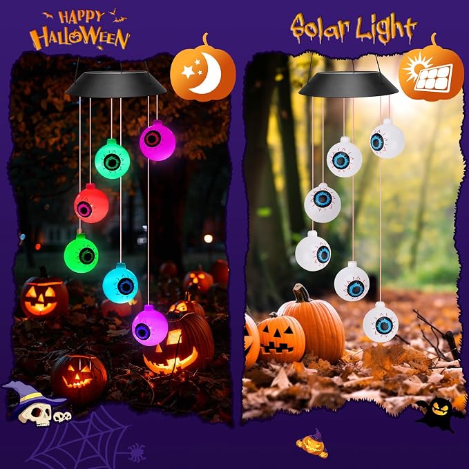 Winzwon Halloween Decorations Outside Solar Outdoor Lights Waterproof Eyeballs Wind Chimes for Party Yard Porch Patio Home Window Indoors Hanging Mobile Decor