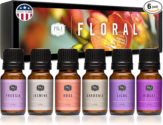 P&J Trading Fragrance Oil Floral Set | Violet, Jasmine, Rose, Lilac, Freesia, and Gardenia Candle Scents for Candle Making, Freshie Scents, Soap Making Supplies, Diffuser Oil Scents