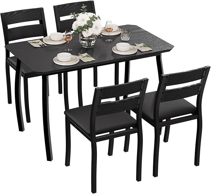 GAOMON 5 Piece Dining Table Set for 4, Space-Saving Kitchen Table with Upholstered Chairs, Modern Angled Corner Design, Compact Dinner Set for Small Spaces, Apartment, Dining Room, Black