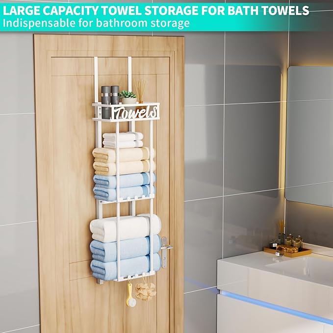 HapiRm Towel Rack Bathroom Storage - 3 Tier Over The Door & Wall Mounted Rolled Towel Racks Holder Organizer with Metal Shelf and 6 Hooks for Small Bathroom, Camper, Rv - White