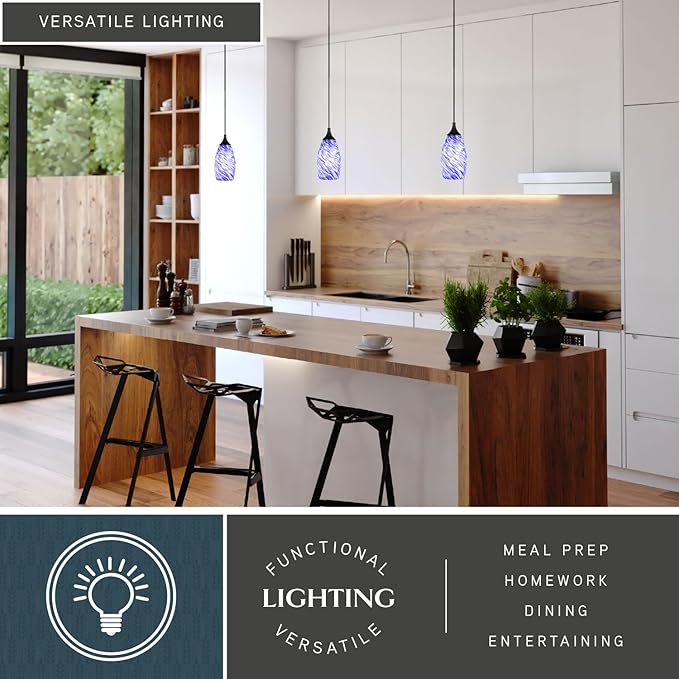 VAXCEL Milano Matte Black Mini Pendant Ceiling Light with Blue Swirl Art Glass