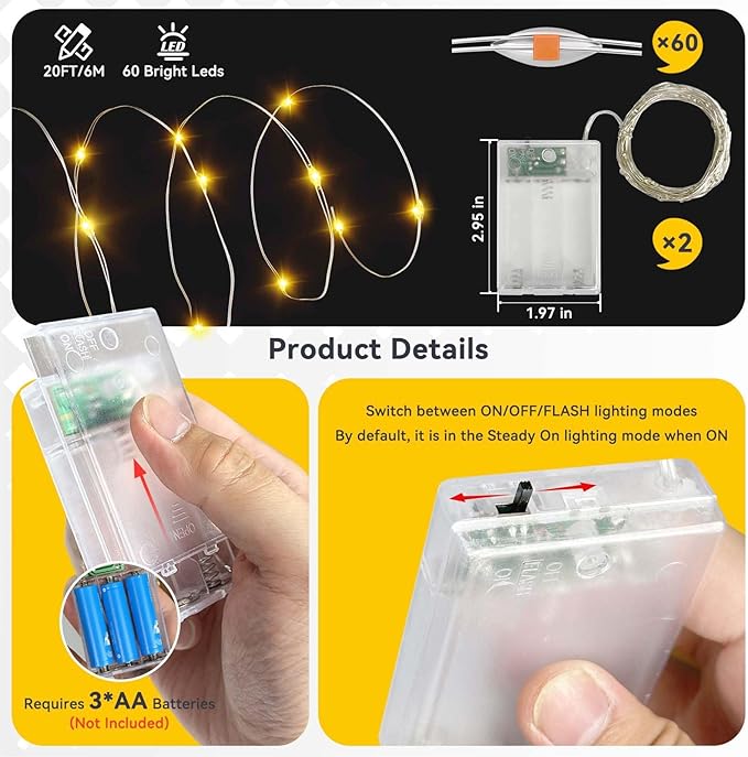 LitHome 2 Pack Warm White Fairy Lights Battery Operated, 20 FT 60 LED Twinkle Lights Battery Operated 2 Modes, Waterproof Led Fairy String Light for Indoor Outdoor Christmas Wedding Bedroom Decor
