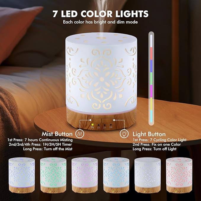 Essential Oil Diffuser for Home - 300ML Metal Aromatherapy Diffuser with Auto Shut-Off Protection & 4 Timers, Ultrasonic Humidifier with 7 Colors Lights for Large Room, Home Office Décor(White Flower)