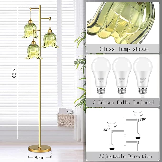 Gold Floor Lamp for Living Room,Bedroom,Tree 3 Light Standing Lamp Mid Century Modern Brass Tall Floor Lamps Vintage Retro Floor Lights Green Glass Flower Lamp Shade Farmhouse Boho Bohemian