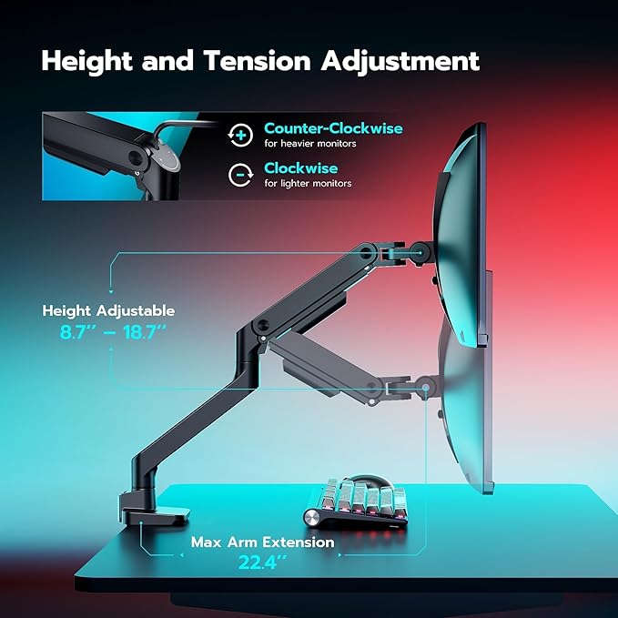 ARES WING Ultrawide Monitor Arm for 17 to 49 Inch Heavy Duty Curved Screen, Holds 44 Lbs, Adjustable Gas Spring Monitor Arm Desk Mount with C Clamp, Grommet Base, 75/100 Vesa Mount, Black