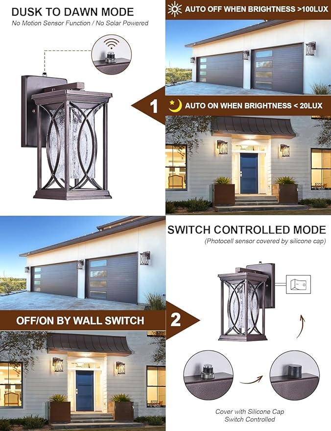 Oil Rubbed Bronze Porch Light Dusk to Dawn Outdoor Wall Lantern Small Modern Exterior Light Fixture Aluminum with Crack-Like Glass IP65 Waterproof Outdoor Sconce Outside Light for House, Front Door