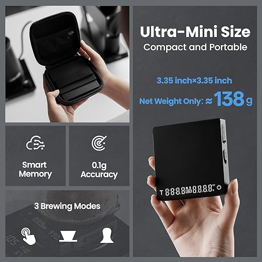 MHW-3BOMBER Super Mini Espresso Scale with Timer, Digital Coffee Scale with Espresso/Pour Over/Manual Mode, Rechargeable Coffee Bean Scale, Portable Scale with a Storage Bag for Outdoor Use,ES5788B