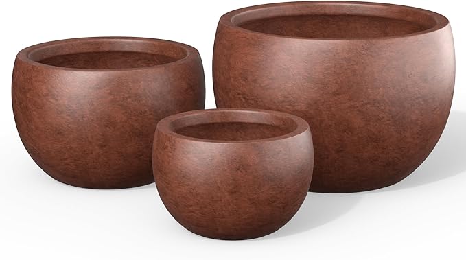 Kante 19.9",15.7",11.8" Dia Round Concrete Planter Set of 3, Outdoor/Indoor Large Bowl Plant Pots with Drainage Hole and Rubber Plug for Garden Patio Balcony Home, Rusty