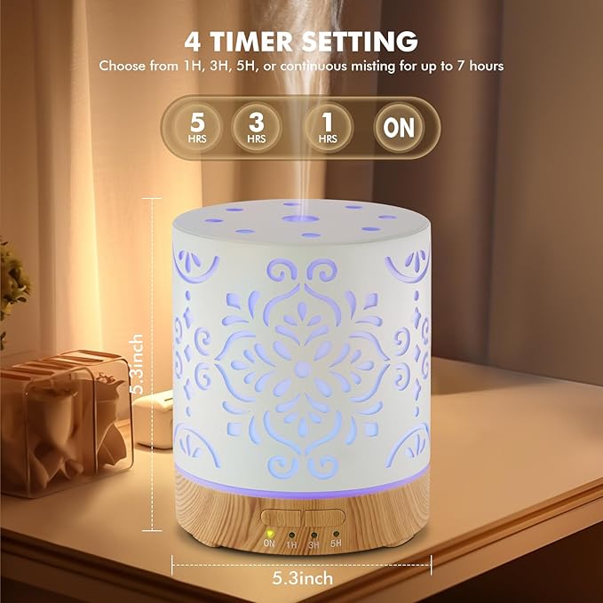 Essential Oil Diffuser for Home - 300ML Metal Aromatherapy Diffuser with Auto Shut-Off Protection & 4 Timers, Ultrasonic Humidifier with 7 Colors Lights for Large Room, Home Office Décor(White Flower)
