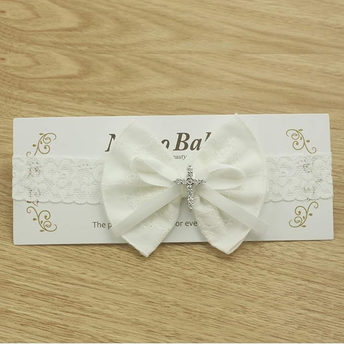 White Baby Bow Headband for Baptism Christening Satin Lace Hair Band with Cross for Toddler (A-off white bow headband, 6 months-2 years old)
