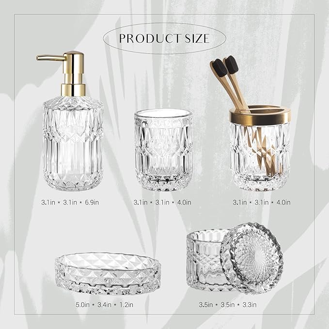 EMPO 6PCS Bathroom Clear Glass Accessories Set (Lotion Soap Dispenser, Soap Dish, Toothbrush Holder, Tumbler, Cotton Swab Jar), Contemporary Modern Decor Crystal Vintage Gift (6pcs Clear)