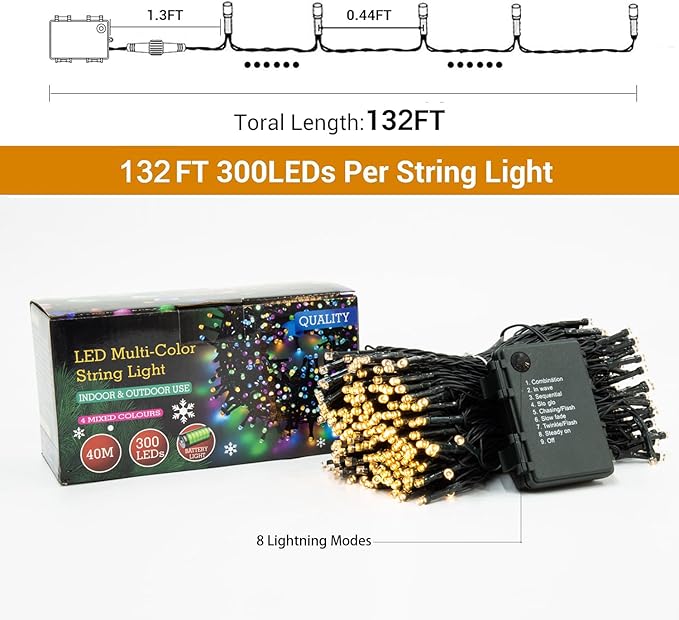 Battery Operated Christmas Lights-132FT 300 LED 8 Modes Outdoor/Indoor Waterproof Fairy Lights, Decorative Light Strings for Wedding Party Bedroom Roof Garden Halloween Thanksgiving Holiday,Warm White
