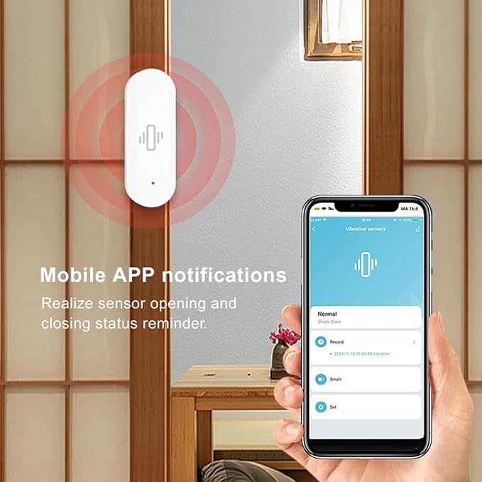 WiFi Vibration Sensor: Smart Door Window Sensor with App Alerts, Wireless Glass Break Detector, Adjustable Sensitivity, Compatible with Alexa Google Home (1Pack)