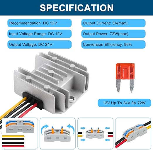 DC 12V Step Up to 24V 3A Boost Converter 72W DC Voltage Regulator Power Converter Waterproof Module Transformer for Golf Cart Club Car Recreational Vehicle