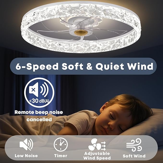 20'' Ceiling Fan with Light, Upgraded Low Profile Fan, Flush Mount Ceiling Fan, 6 Speeds, Dimmable LED, App & Remote Control, Quiet DC Motor, for Bedroom, Living Room, F098 White