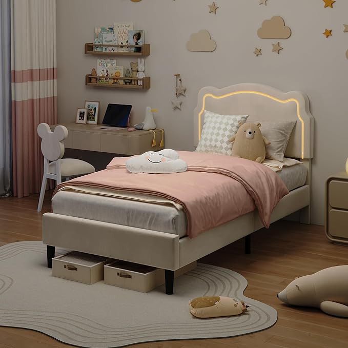 GarveeHome Twin Upholstered Smart LED Bed Frame with Headboard, Velvet Princess Platform Bed Frame for Kids, Wooden Slats Support, No Box Spring Needed (Off-White)