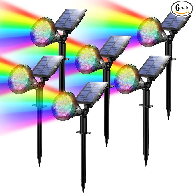 Color Changing Solar Spot Lights Outdoor, 21 LEDs Brightness Solar Pathway Lights Outdoor, IP67 Waterproof Exterior Solar Lights for House, 2-in-1 Solar Flood Lights Outdoor for Yard