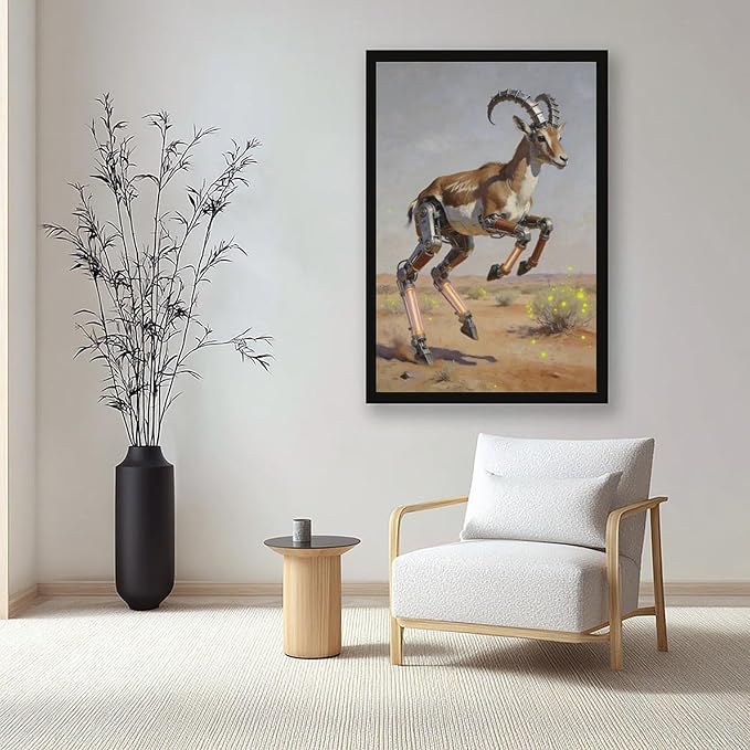 Framed Steampunk Mechanical Antelope Wall Art - Desert Futuristic Poster for Loft Living Room Decor 16x24in