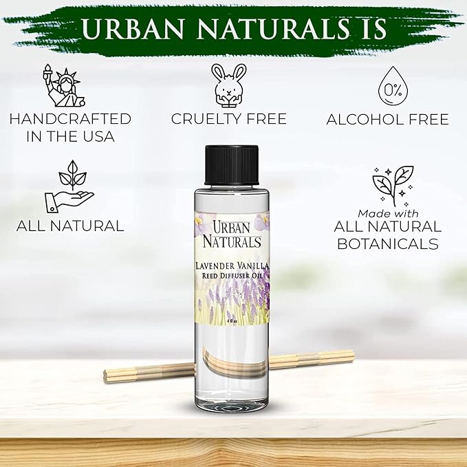 Urban Naturals Lavender Vanilla Scented Oil Reed Diffuser Refill and Reed Sticks – Lavender Blossom, Creamy Vanilla, White Woods and Sugared Musk, 4 oz (2 Pack)