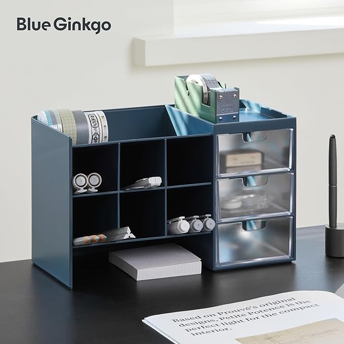 Blue Ginkgo Hive Stack Desk Organizer – Stackable Pen Holder, Stationary Organizer with Drawers - Office Storage, School Supplies, Makeup (Made in Korea, Blue Transperent)