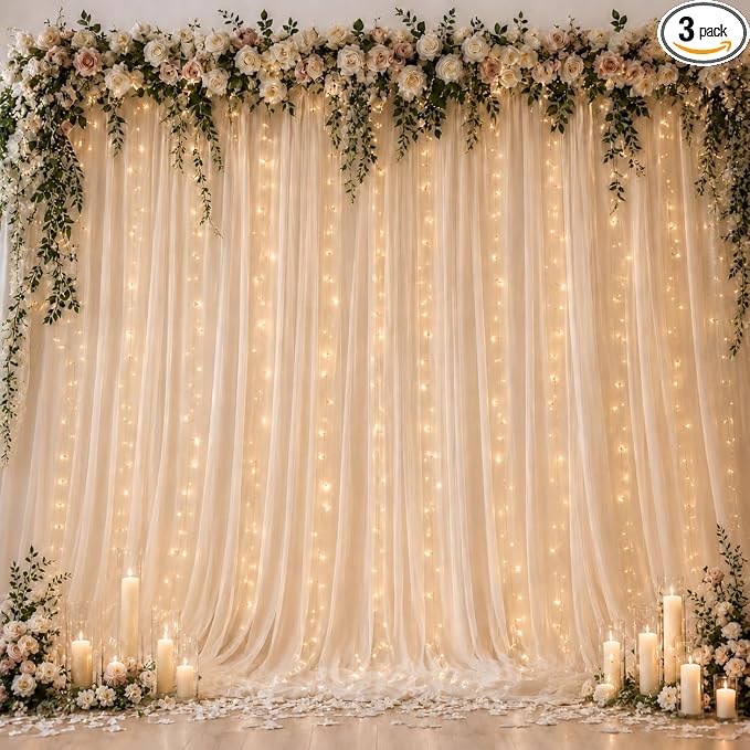 Ledido 3 Pack 10×8ft Champagne Tulle Backdrop Curtain with Lights String - 900LED Fairy Light Sheer Curtain Backdrop for Wedding Baby Shower Photo Shoot Birthday Party Decor(6 Panels 5×8ft)，Champagne
