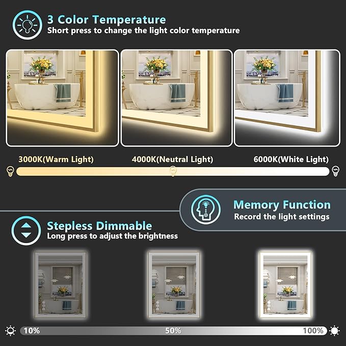 32x36 Gold LED Bathroom Mirror with Lights, Brushed Gold Framed Backlit and Front Lit Anti-Fog Lighted Vanity Mirrors for Bathroom Wall, Dimmable, 3 Colors, Memory, HD Tempered Glass, CRI＞90
