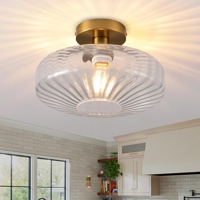 Semi Flush Mount Ceiling Light, 11.8 Inch Vintage Clear Crystal Glass Ceiling Light Fixture,Dining Room Lighting Fixtures for Kitchen, Hallway, Foyer, Bedroom, Bathroom, E26 Base (Bulb Not Included)