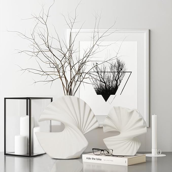 Sector Vase, Set of 2 - Minimalist Nordic, White Ceramic Sector Vase Vase Decor | Table Centerpiece, Olive Plant, Wedding, Living Room, Bookshelf, Office, Modern Home, Entryway, Console