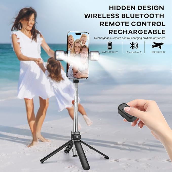 MQOUNY Mini iPhone Tripod Stand & Selfie Stick with Wireless Remote & Removable Light, Extendable Stand 360 Rotation Compatible with iPhone & Android Samsung (Black)