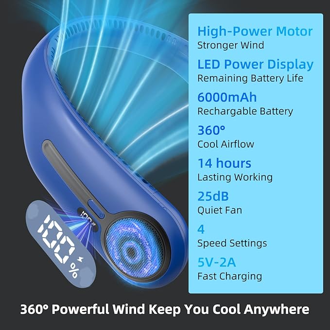 Portable Neck Fan,Hands Free Personal Wearable Bladeless Fan,6000mAh USB Rechargeable,360° Cooling,LED Display,4-Speeds,Birthday Gifts for Men Women Dad Mom,Valentines Day Gifts for Her Him (Navy)