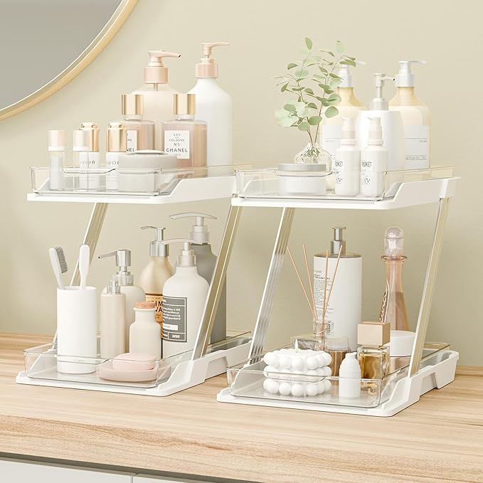 2 Pack Bathroom Organizers and Storage - Multi-Purpose,2-Tier Clear Pull Out Organization for Bathroom,Under Sink,Kitchen,Vanity,Countertop,Cabinet,Pantry & Medicine Cabinet,White