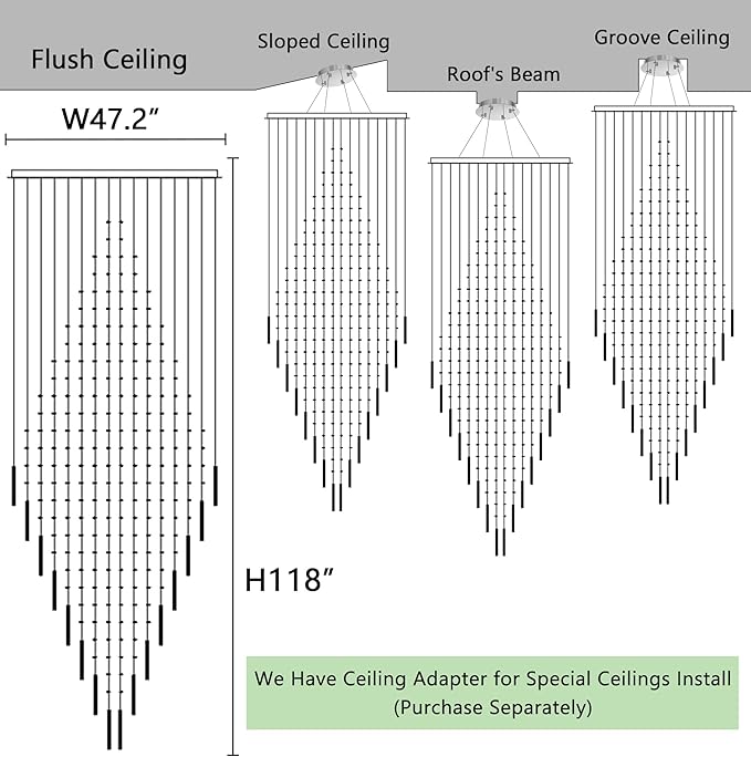 W47 x H120 Crystal LED Chandelier with Light Bulbs Luxury Raindrop High Ceiling Chandeliers for Entryway Villa Staircase Foyer Living Room Lighting Fixtures Silver