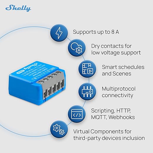 Shelly 1 Mini Gen4 | Wi-Fi, Zigbee & Matter Smart Relay Switch with Dry Contacts, 1-Channel 8A | Home Automation | Alexa, SmartThings, Google Home, Apple HomeKit Compatible | Garage Door Opener