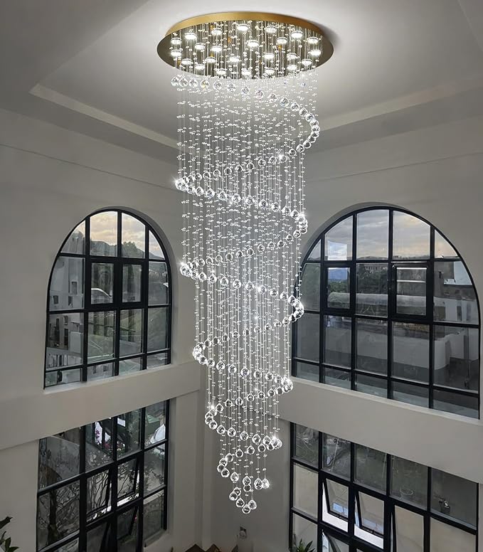 W47 x H118 High Ceiling Chandelier with LED Bulbs Dimmable Long Light Glam Chandeliers Crystal Pendants Light Fixtures for Foyer Entryway Living Room Stair Gold