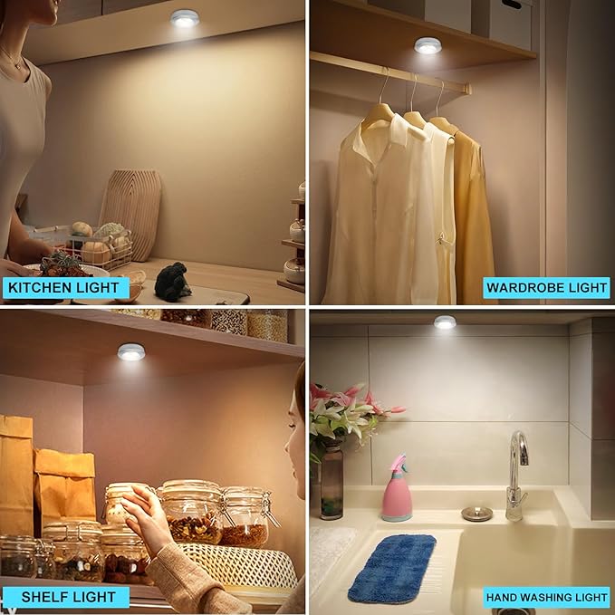 Wireless LED Puck Lights, Touch Activated Tap Ligh Push Light,Battery Operated Stick On Lights for Under Cabinet, Kitchen, Closet & Counters, 6-Pack,Silver (3 AAA Batteries Included)