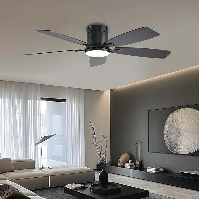 52inch Ceiling Fans with Lights, Low Profile Ceiling Fan with Light and Remote Control/APP Control, Flush Mount, Reversible DC Motor, Dimmable, Noiseless, Black Ceiling Fan for Bedroom