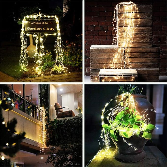 2 Pack 220 LED Firefly Bunch Lights, 8 Flashing Modes Waterproof Copper Wire Waterfall Lights, Fairy Lights for Indoor Outdoor Decor (Solar Warm White)