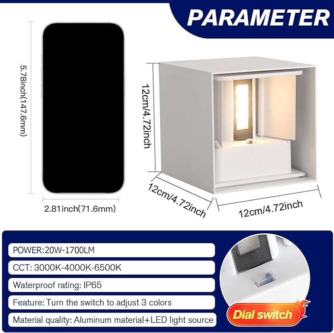4 Pack LED 20W Outdoor Wall Lights Exterior/Interior 3 Colors Adjustable Wall Sconce Up and Down Light Porch Lights IP65 Waterproof Exterior Wall Sconce Modern Outdoor Lighting Square Aluminum White