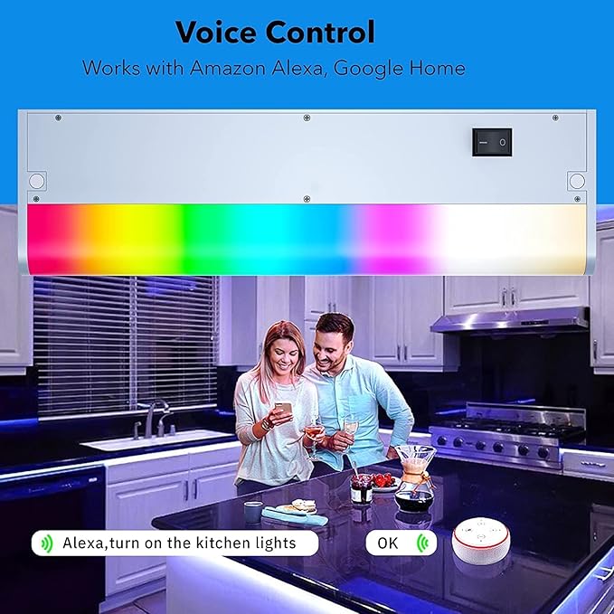 LED Under Cabinet Lighting Hardwired, Smart Adjustable White and RGB Dimmable Lights for Under Cabinets in Kitchen, Compatible with Alexa Google, App Control and Remote Included 2-Pack (2-Bar 24 Inch)