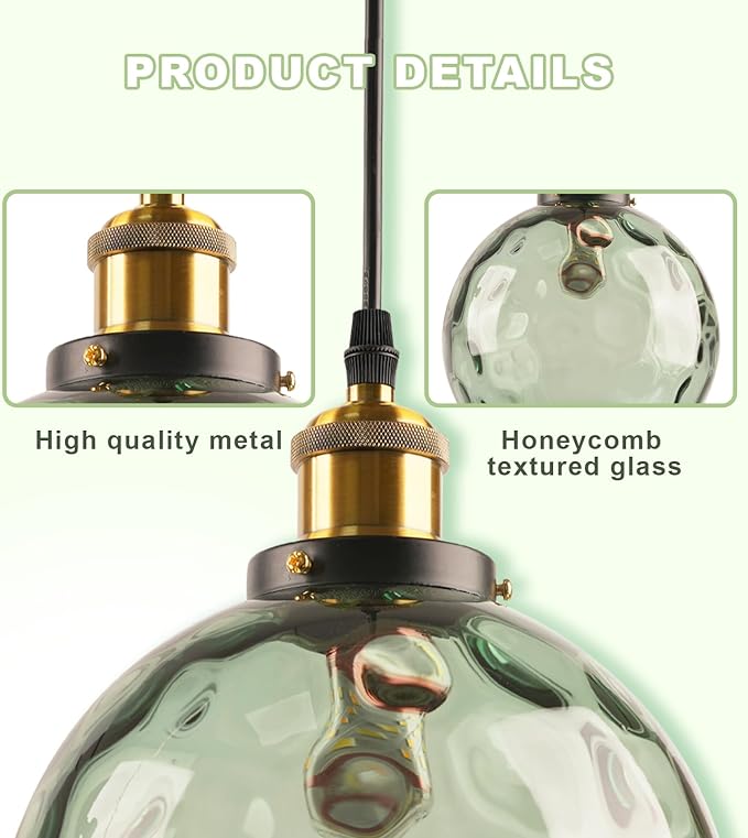 Green Plug in Glass Pendant Light Mid Century Modern Pendant Light Chandelier Ceiling Light Fixtures with Globe Shade, Plug in Hanging Light for Bedroom Living Room Dining Room