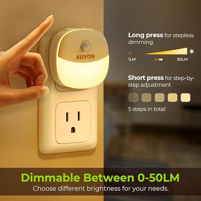 AUVON Plug in Night Light with Motion Sensor and Dusk to Dawn Sensor, Mini Warm White LED Nightlight with 1-50 lm Adjustable Brightness for Bathroom, Hallway, Stairs, Bedroom, Kitchen, 4 Packs