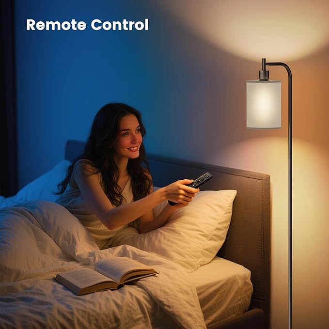 Floor Lamp with Linen Shade, Dimmable Tall Standing Lamp with Remote Control & 3 Color Temperatures, Modern Floor Lamps for Living Room Bedroom Office Corner, 9W LED Bulb Included