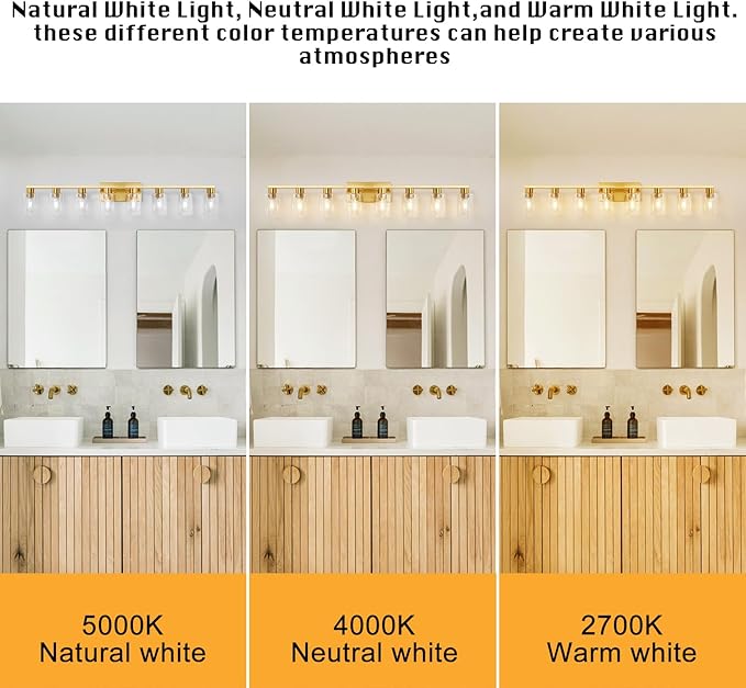 8 Light Gold Bathroom Light Fixtures, Modern Large Vanity Lights with Clear Glass Shade, Brushed Brass Bathroom Lighting Fixtures Over Mirror, Wall Scones Light for Bedroom, Living Room
