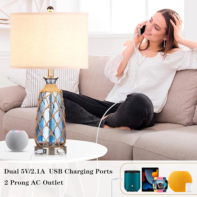 25.5" Coastal Glass Table Lamps Set of 2, 3-Way Dimmable Touch Control Bedside Lamps with 2 USB Ports and AC Outlet, Blue Nautical Nightstand Lamps for Bedroom Living Room (LED Bulbs Included)