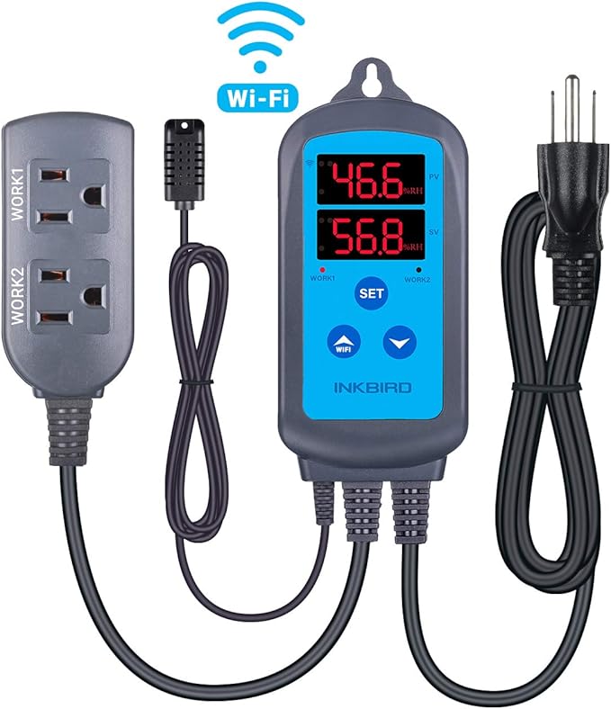 Inkbird Digital Wi-Fi Humidity Controller IHC-200 Dual Outlet Pre-Wired Humidistat for Mushroom Growing Curing Meat Reptile Greenhouse Support Humidifier Dehumidifier Fan iOS&Andriod.